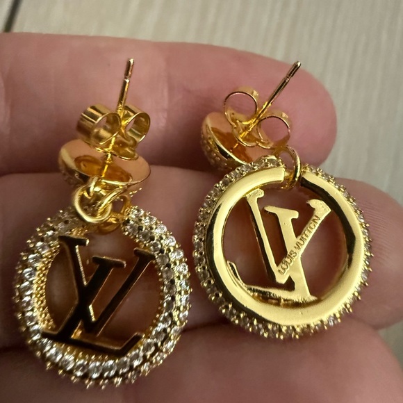 New upcycled Louis Vuitton Gold with rhinestone Designer Earrings - Picture 3 of 5